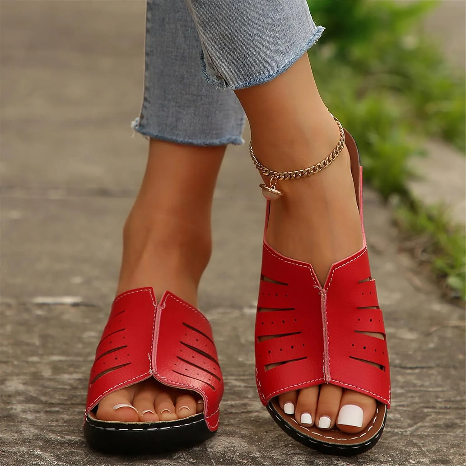 Womens Platform Sandals Orthopedic Arch Support Slip on Wedge Sandals Lightweight Leather Open Toe Slippers