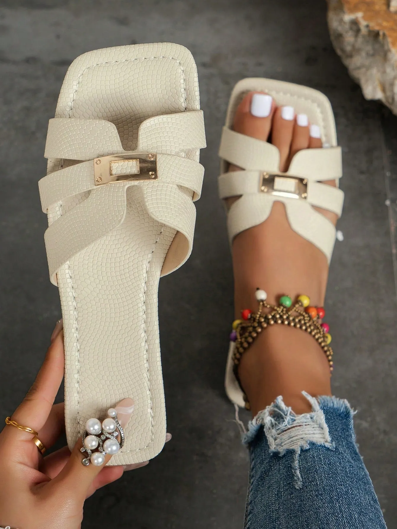 Women's Snake Pattern Flat Open Toe Sandals Stylish And Versatile For Summer