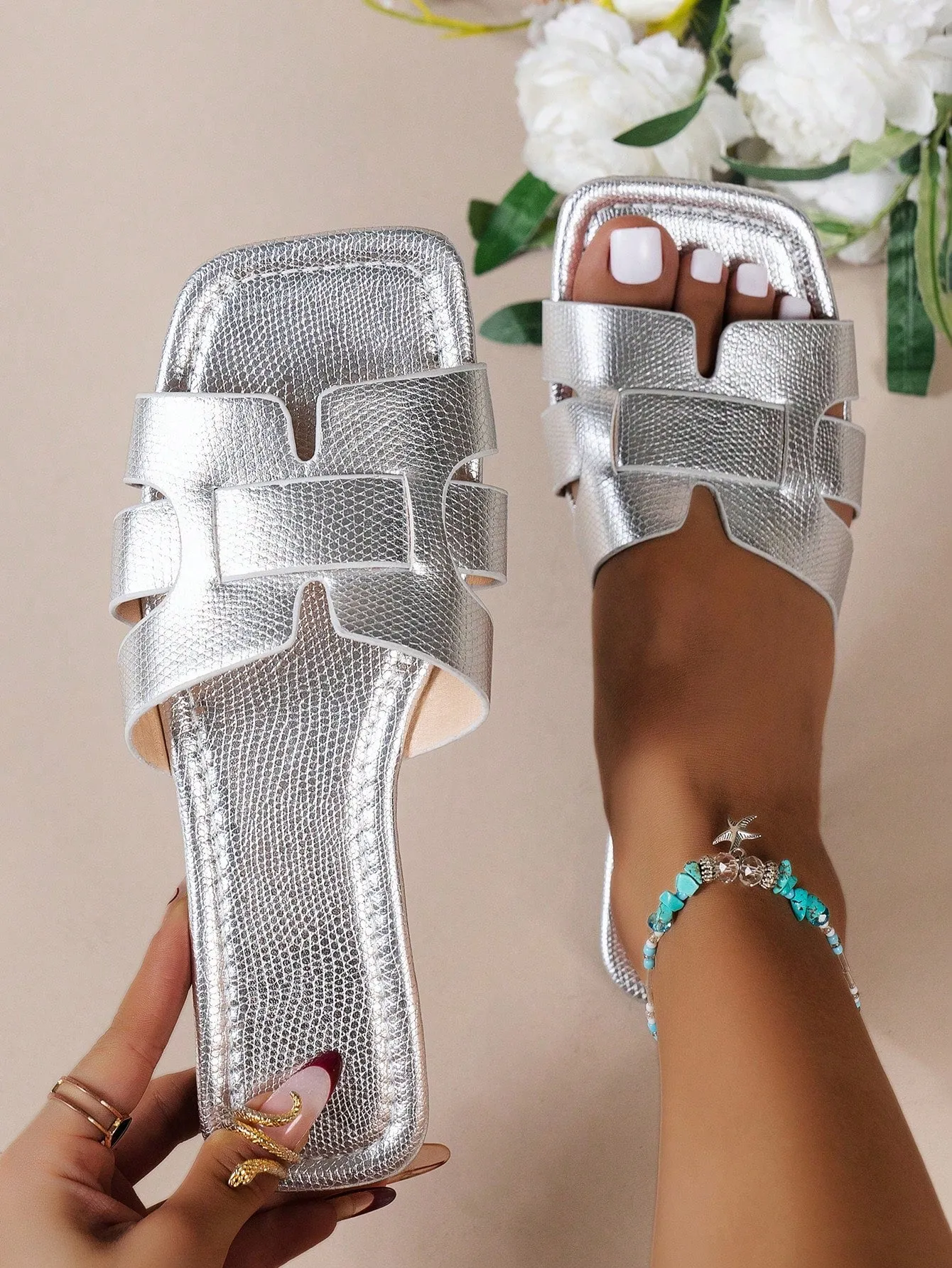 Women's Snake Pattern Flat Open Toe Sandals Stylish And Versatile For Summer
