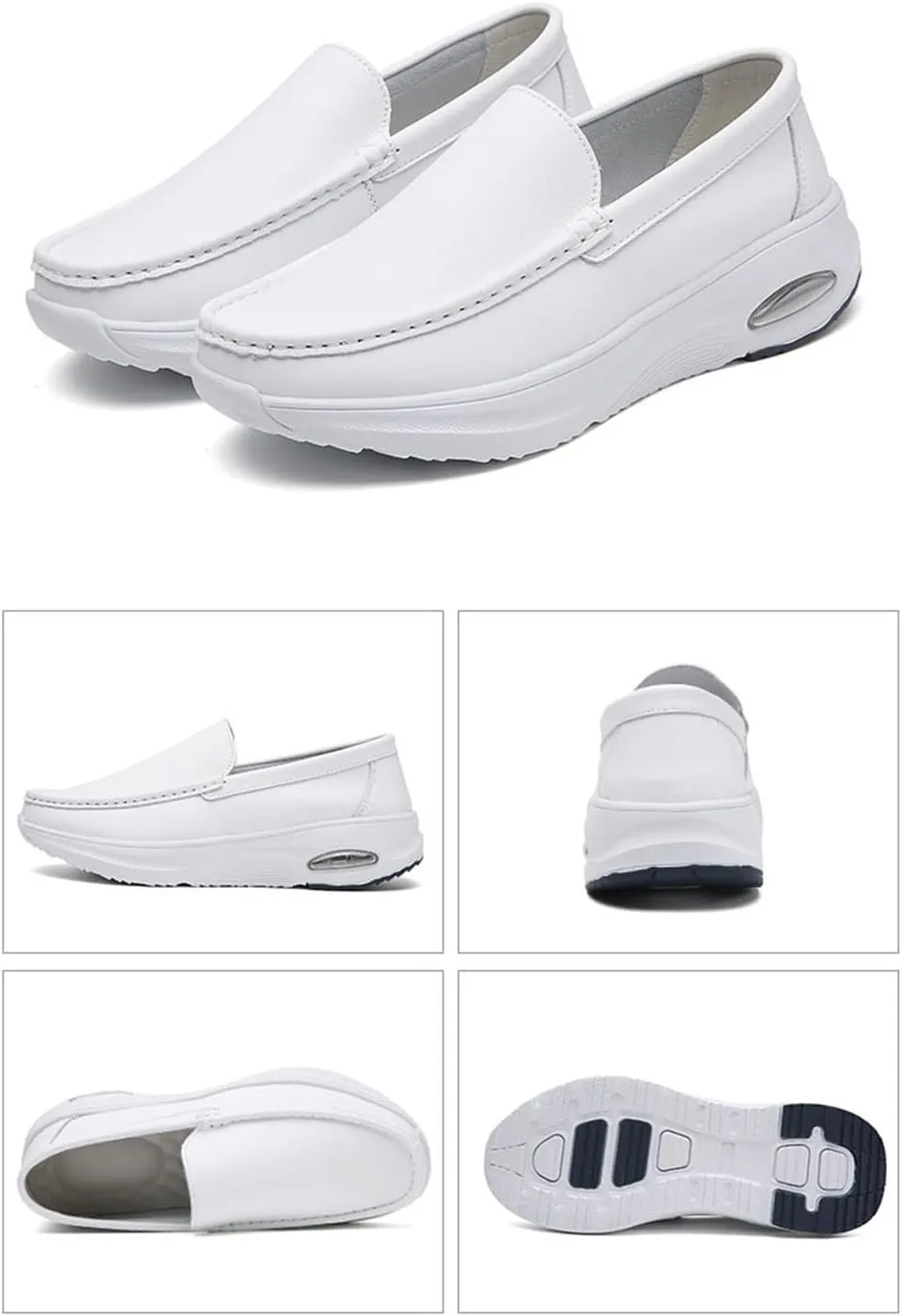 Women's White Comfortable Platform Slip on Leather Nurse Working Shoes, Air Cushion Orthopedic Breathable Moccasins, for Medical Workers, Doctors, Nurse