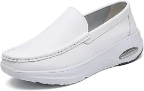 Women's White Comfortable Platform Slip on Leather Nurse Working Shoes, Air Cushion Orthopedic Breathable Moccasins, for Medical Workers, Doctors, Nurse