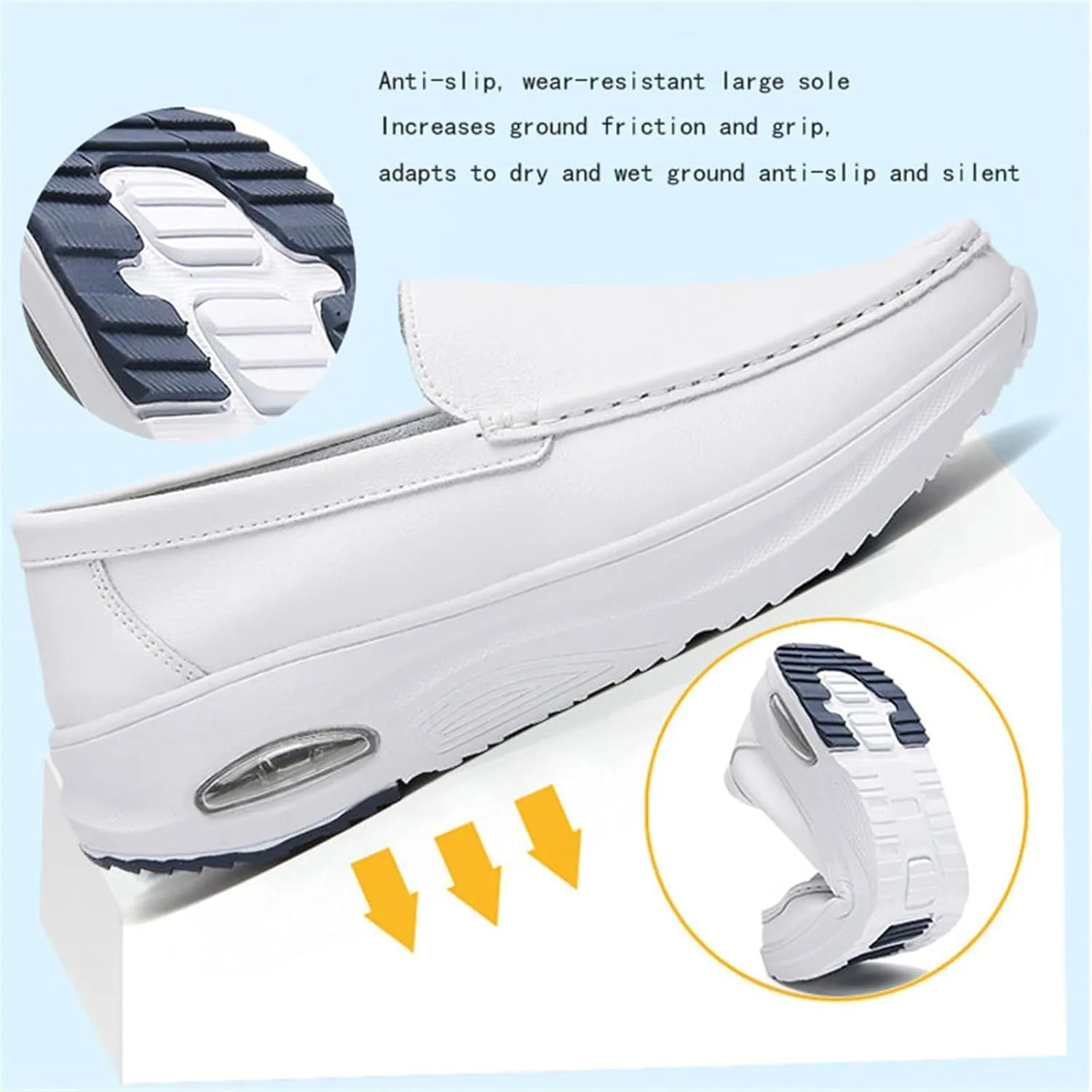 Women's White Comfortable Platform Slip on Leather Nurse Working Shoes, Air Cushion Orthopedic Breathable Moccasins, for Medical Workers, Doctors, Nurse