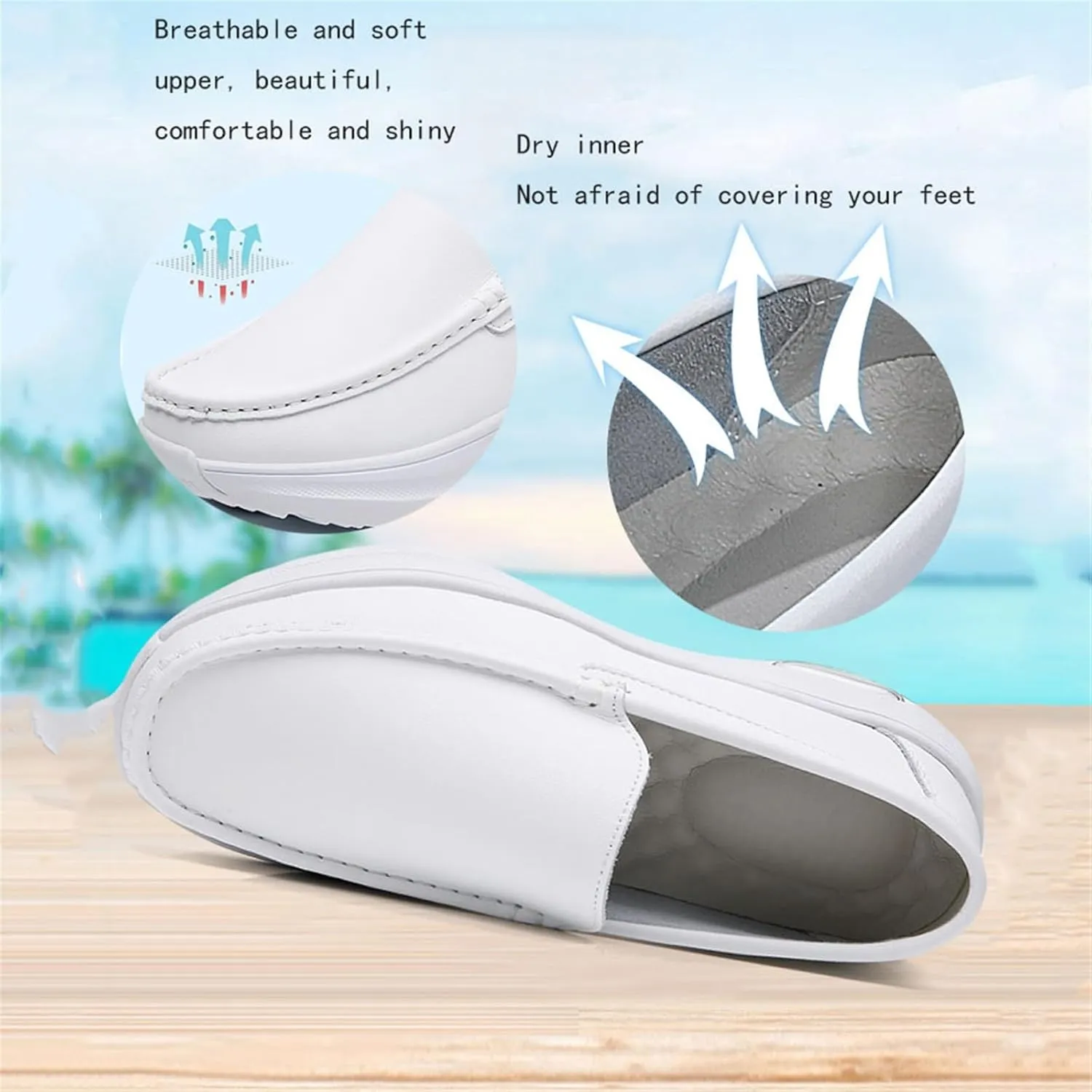 Women's White Comfortable Platform Slip on Leather Nurse Working Shoes, Air Cushion Orthopedic Breathable Moccasins, for Medical Workers, Doctors, Nurse