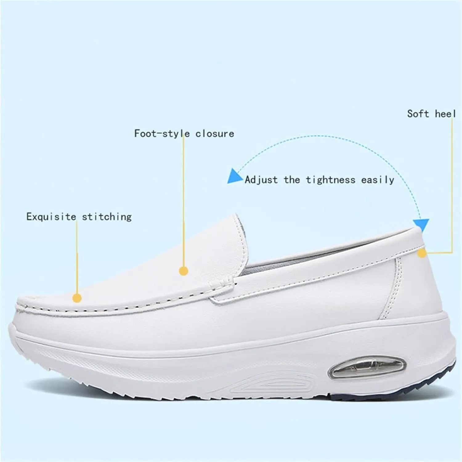 Women's White Comfortable Platform Slip on Leather Nurse Working Shoes, Air Cushion Orthopedic Breathable Moccasins, for Medical Workers, Doctors, Nurse
